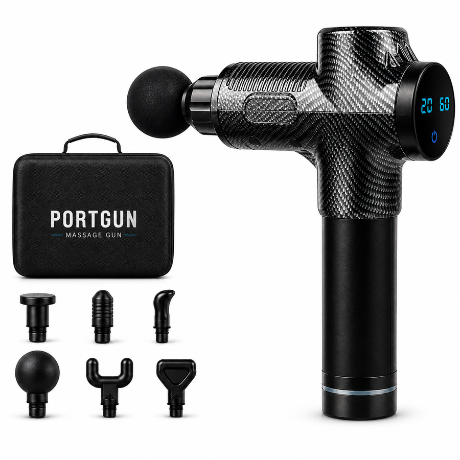 PORTGUN™ PRO Deep Tissue Massage Gun – Carbon Fibre, High Power Muscle Recovery